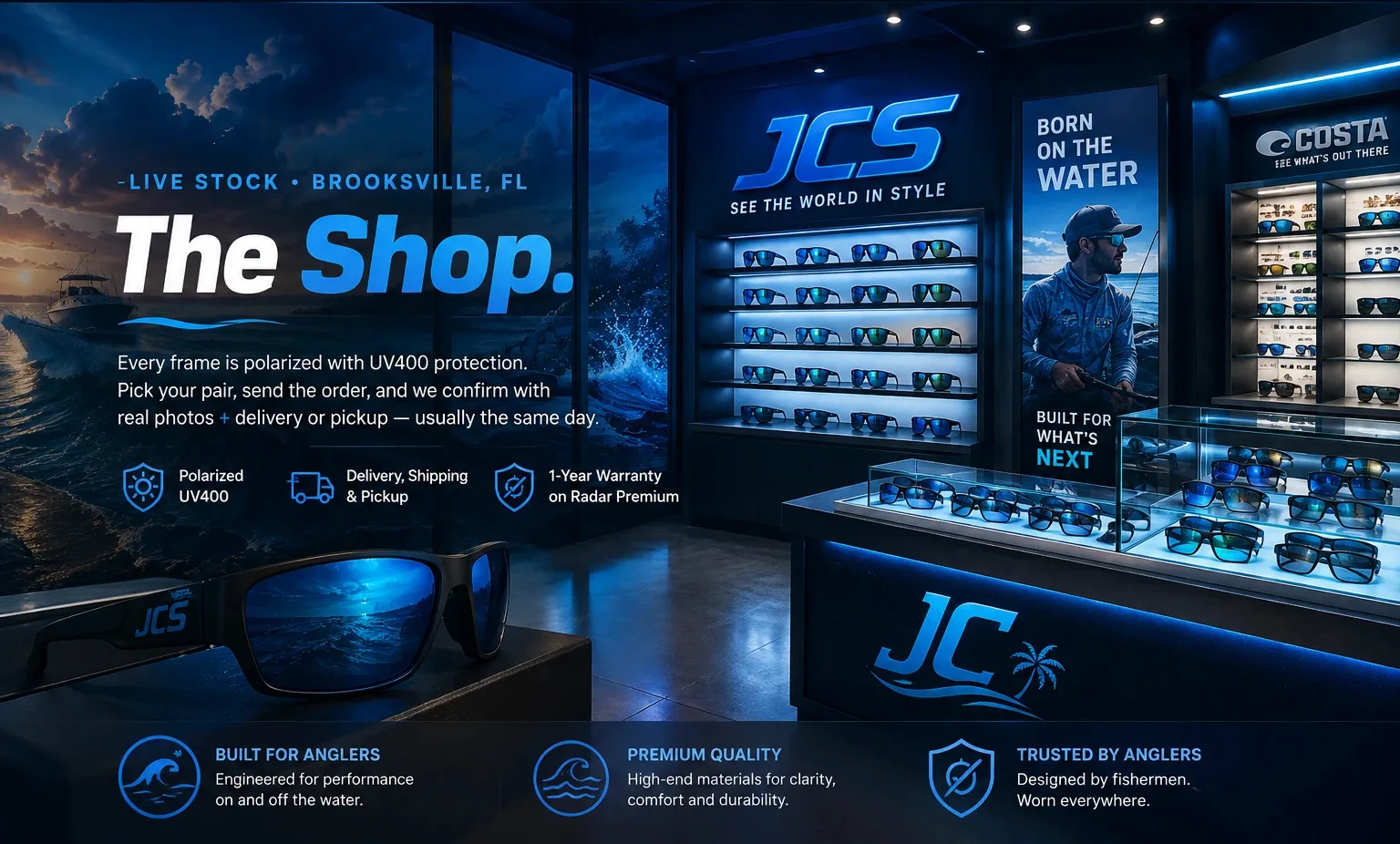 The Shop — live stock in Brooksville, FL. Every frame polarized with UV400 protection; delivery, shipping and pickup; 1-year warranty on Sport Shield.